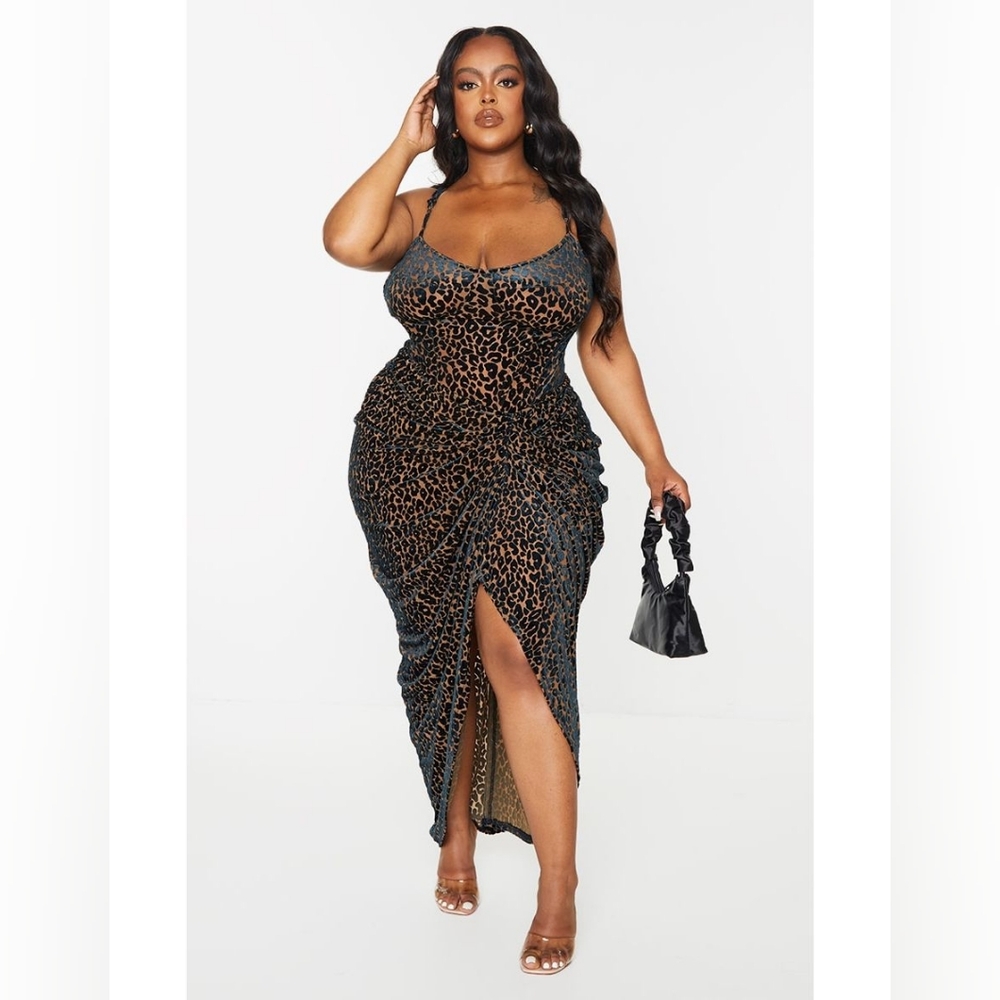 Pretty Little Thing Chocolate Leopard Velvet Ruched 2 piece Set With Midi Skirt